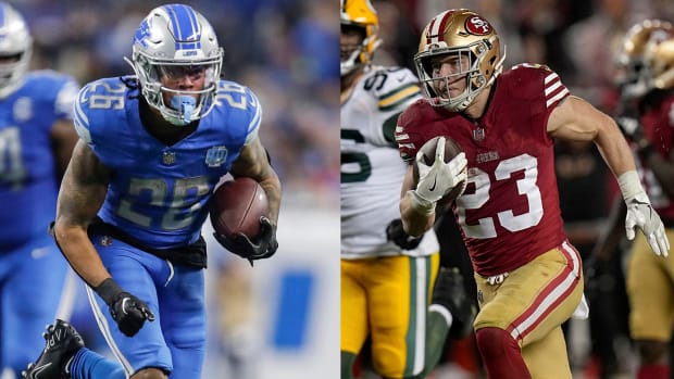 Lions running back Jahmyr Gibbs and 49ers running back Chistian McCaffrey